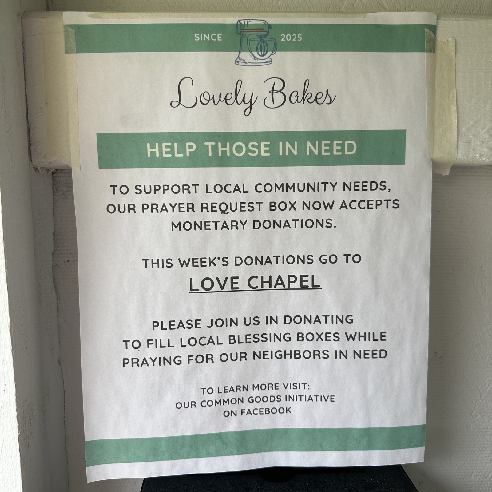 Lovely Bakes community giving sign